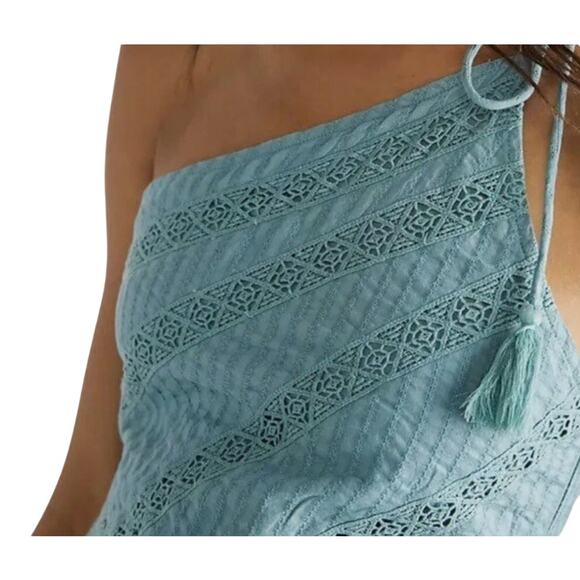 Free People Bella Boho Tie One Shoulder Cotton Maxi Dress Lace Mint Green Small - Picture 3 of 11